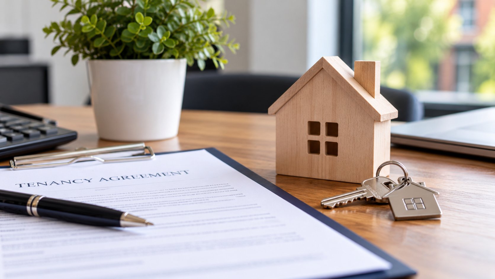 Tenancy agreement on a desk with a wooden model house and keys